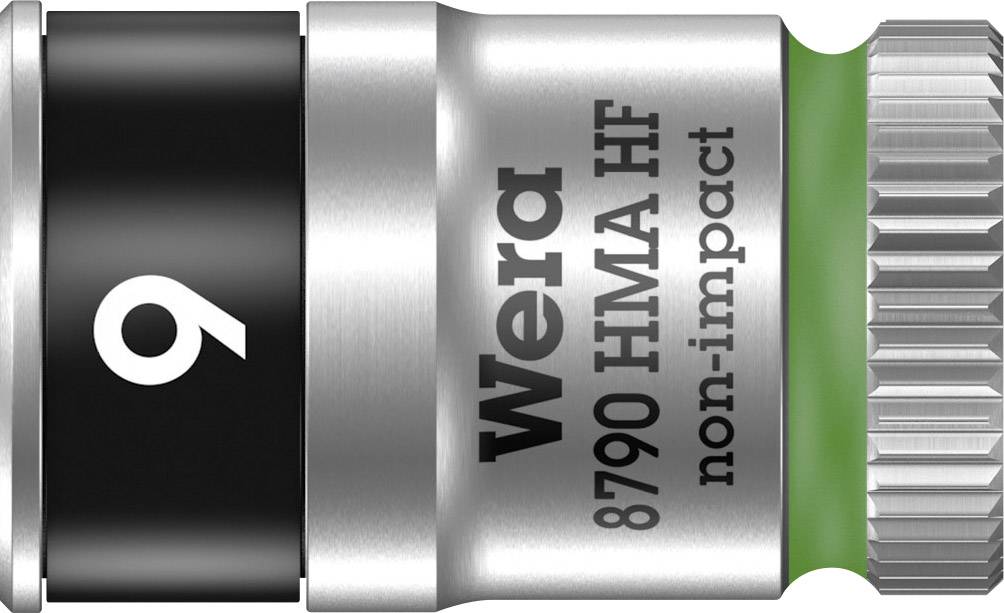 Socket with the inscription 'Wera 8790 HMA HF non-impact'. Silver metal with black and green ring.