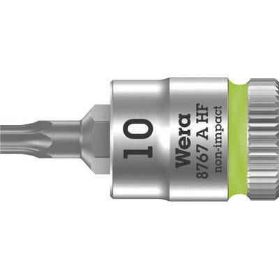 Close-up of a tool: A Wera 8767 A HF 10-mm socket with a green ring, suitable for fastenings without impact force.
