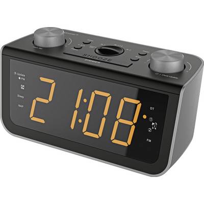 Digital alarm clock with large orange LED display showing '21:08'. Two rotary knobs and control buttons are located at the top.