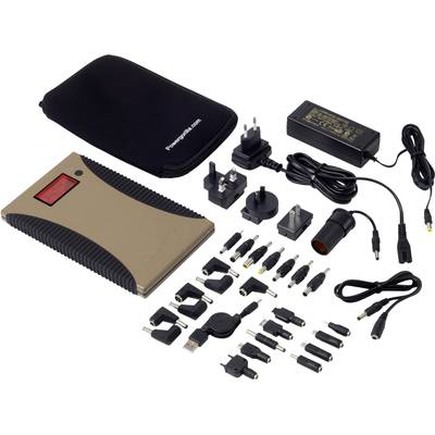 External battery with LED display, various adapters, power cable and carry bag. Perfect for charging devices while travelling.