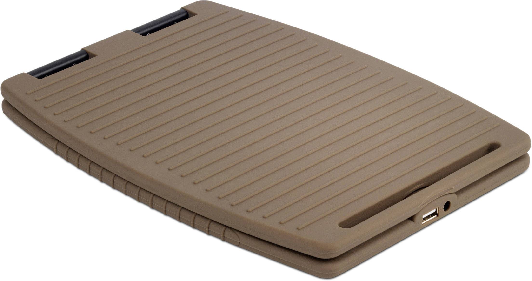 Brown, ribbed, portable plastic tray with USB port, serves as a stable base for devices or other items.