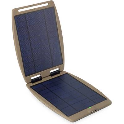Mobile solar panel charger with two open panels, brown-bordered, with integrated USB port. Perfect for on-the-go use.