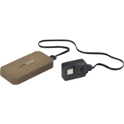 External Power Bank with Camera Connection. The power bank has a brown casing, connected to a black action camera via cable.