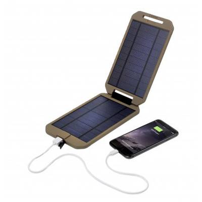 A mobile phone is being charged by a foldable solar charger with a cable. The mobile phone displays an active charging indicator.