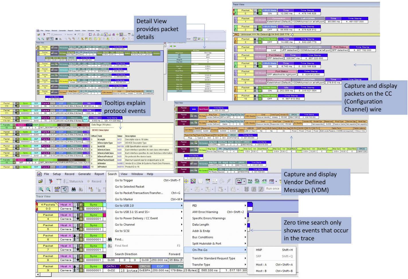 'Screen view of a log analyser with highlighted features such as detailed view, tooltips, and targeted packet capture.'