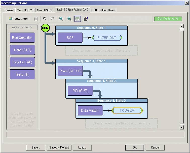 User interface for event logging; includes sequences and states with 'Filter Out' and 'Trigger' options for data pattern control.