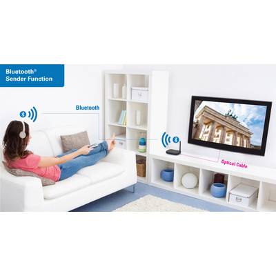 A person is sitting on a sofa and listening to music through Bluetooth headphones connected to a television. An optical cable is also connected.