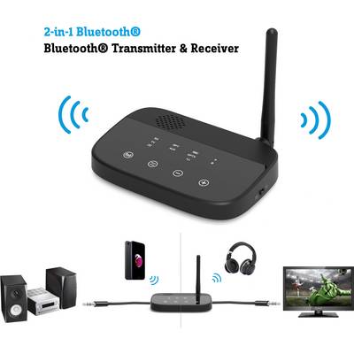 A 2-in-1 Bluetooth transmitter and receiver wirelessly connects speakers, smartphones, headphones, and televisions with each other.