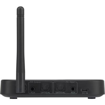 A compact black adapter with an antenna. At the rear, there are connections for RX-Output, TX-Input, AUX, optical and DC-In.