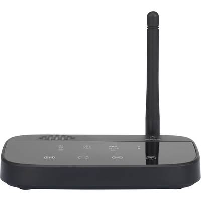 A black Wi-Fi router with a vertically standing antenna and control buttons on the front panel.