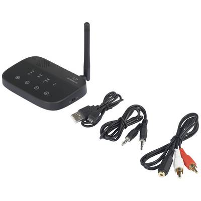 Wireless audio transmitter with antenna, USB cable, 3.5 mm audio cable, and RCA cable on white background.