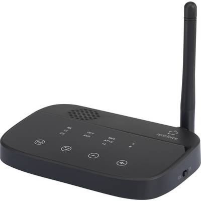A black Bluetooth adapter with an antenna. Front side with buttons for On/Off, Play, and Volume. Marked 'Renkforce'.