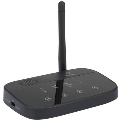 A black wireless audio transmitter with an antenna, several buttons, and a label showing frequencies 863 and 865 MHz.