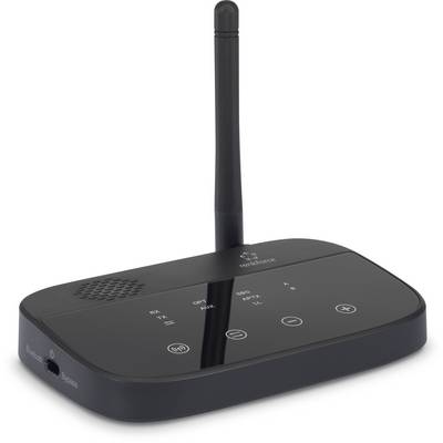 A black radio transceiver with an antenna and multiple control elements on the front, including a speaker symbol and illuminated indicators.