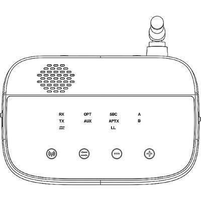A device with buttons and ports: wireless connection, volume controls (+ and -), RX/TX switch, optical and AUX input.