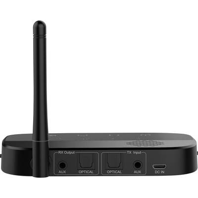 Black, compact audio device with an aerial, multiple connection ports and labels reading 'RX Output', 'TX Input' and 'DC IN'.