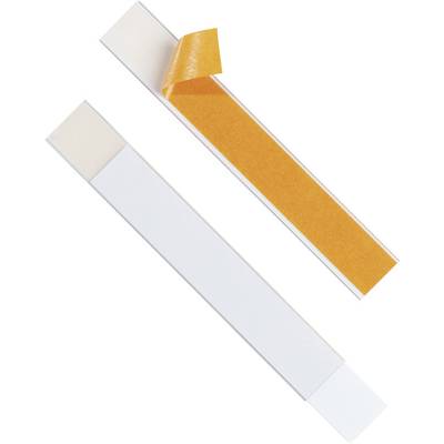 Two adhesive strips: Partially peeled off at the top with orange adhesive side visible; completely white at the bottom. They are arranged at an angle.