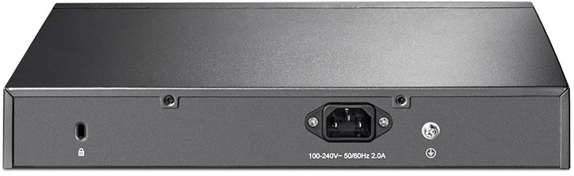 A black network switch rear side with power connection (100-240V, 50/60Hz, 2.0A) and security lock.