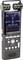 Black digital audio recorder with microphone, recording time and level display on the screen.
