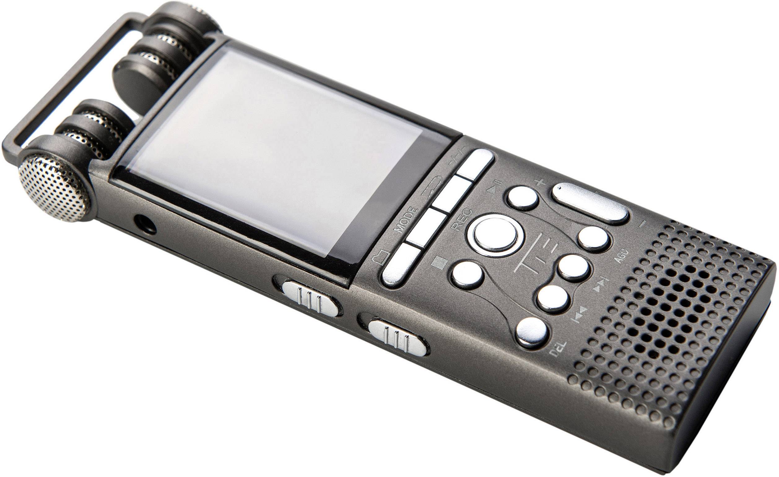 Portable digital audio recorder with screen and microphones, suitable for voice recordings and interviews.