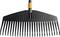 Black plastic rake with an orange handle grip, used for raking leaves and garden waste.