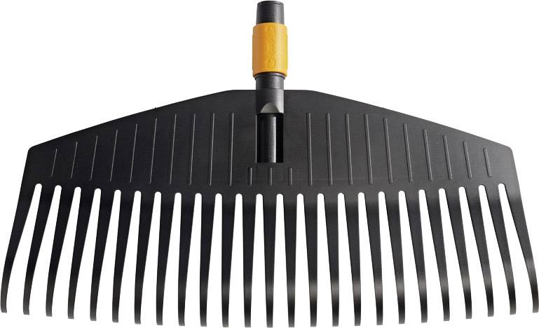 Black plastic leaf rake with a long handle shaft and orange detail at the top, suitable for gathering leaves in the garden.