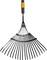 A rake with a black metal head and orange handle, perfect for collecting leaves and garden work.