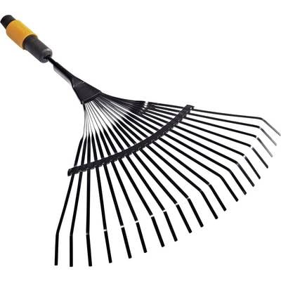 A black, folding metal leaf rake with an orange handle. Perfect for removing leaves in the garden.