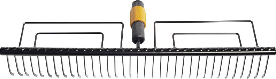 Rake with black metal frame and orange handle, suitable for gardening and leaf clearing.<br><br>Wait, my apologies. Here's the British English translation:<br><br>Rake with black metal frame and orange handle, suitable for gardening and leaf removal.