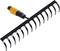 A black rake with an orange handle shows metal prongs that are useful for raking leaves or soil.