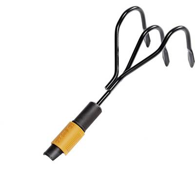 Garden tool with three prongs and an ergonomic handle, suitable for loosening soil in small beds or pots.
