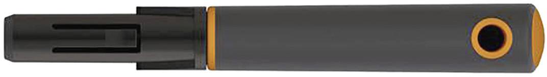 Black and orange flat, elongated object, potentially a technical device.