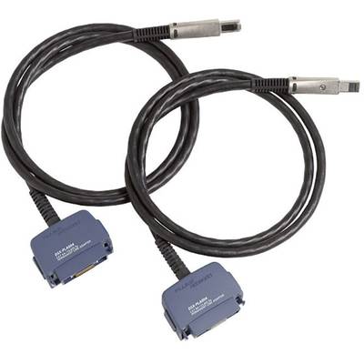 'Two black SFP+ cables with blue connectors lie parallel to each other. The cables are suitable for high-speed data connections.'