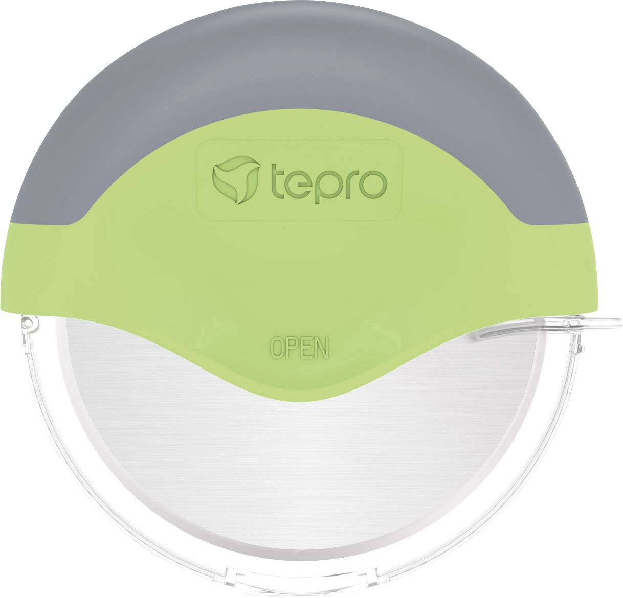 Pizza cutter with grey and green handle, the 'tepro' logo in the centre. 'OPEN' written at the bottom.