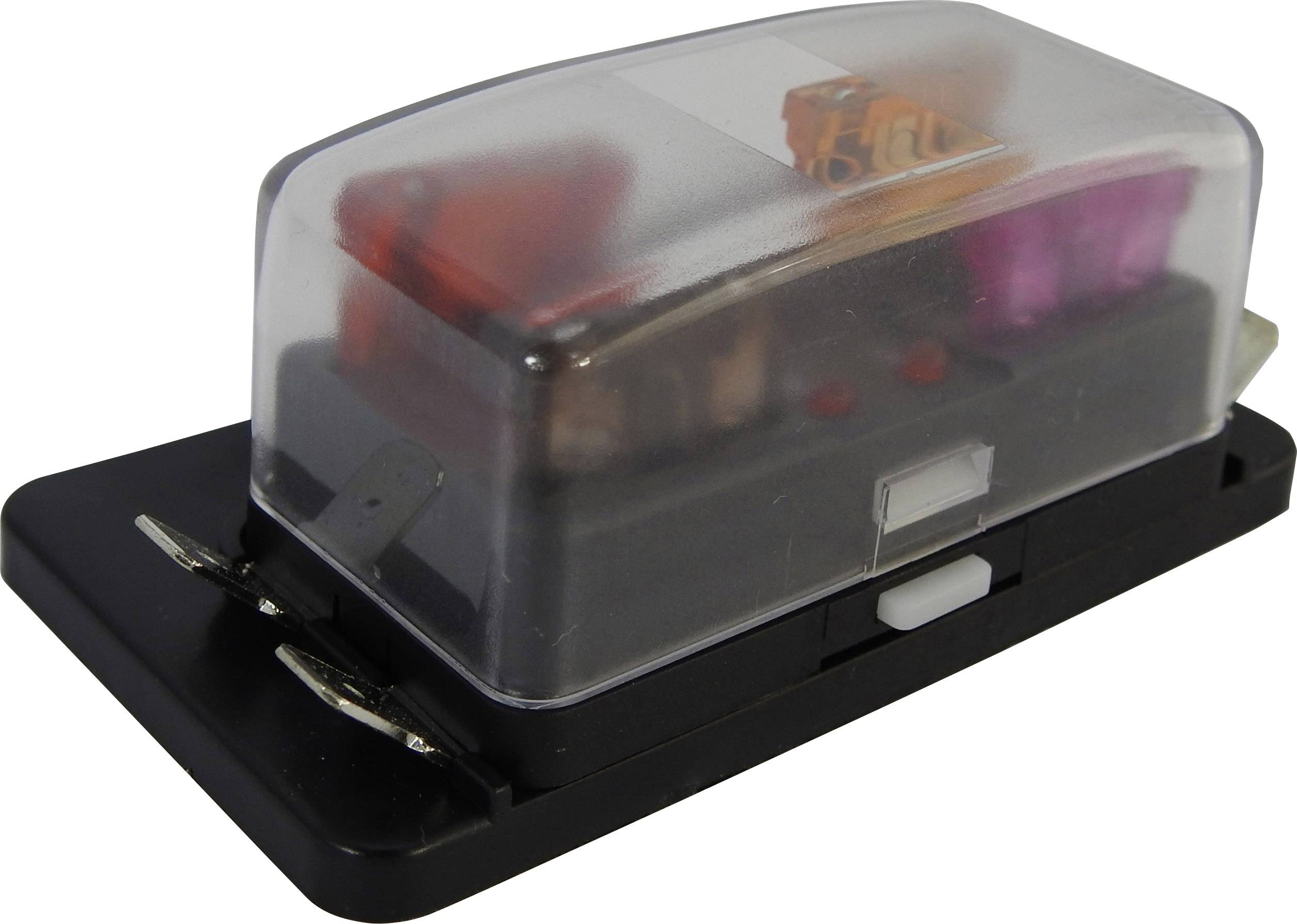 A black fuse holder with a transparent lid shows several coloured fuses inside. It is used for housing and protecting electrical components.
