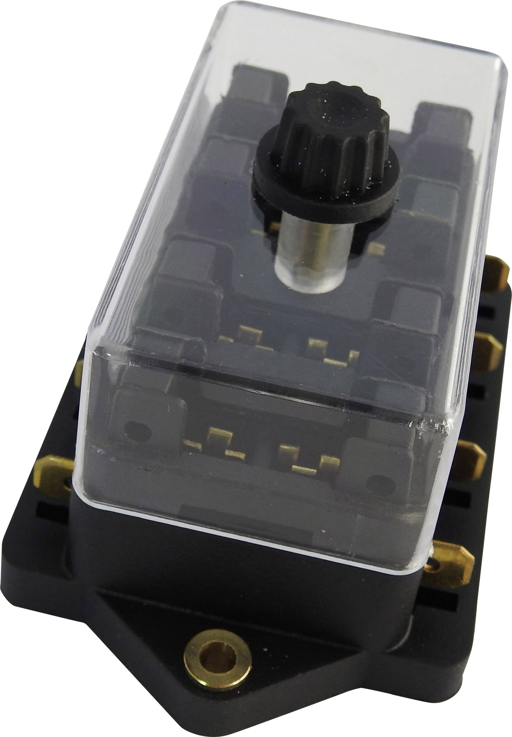 Black rotary switch with a transparent plastic cover, revealing electrical contacts inside, mounted on a black rectangular base.