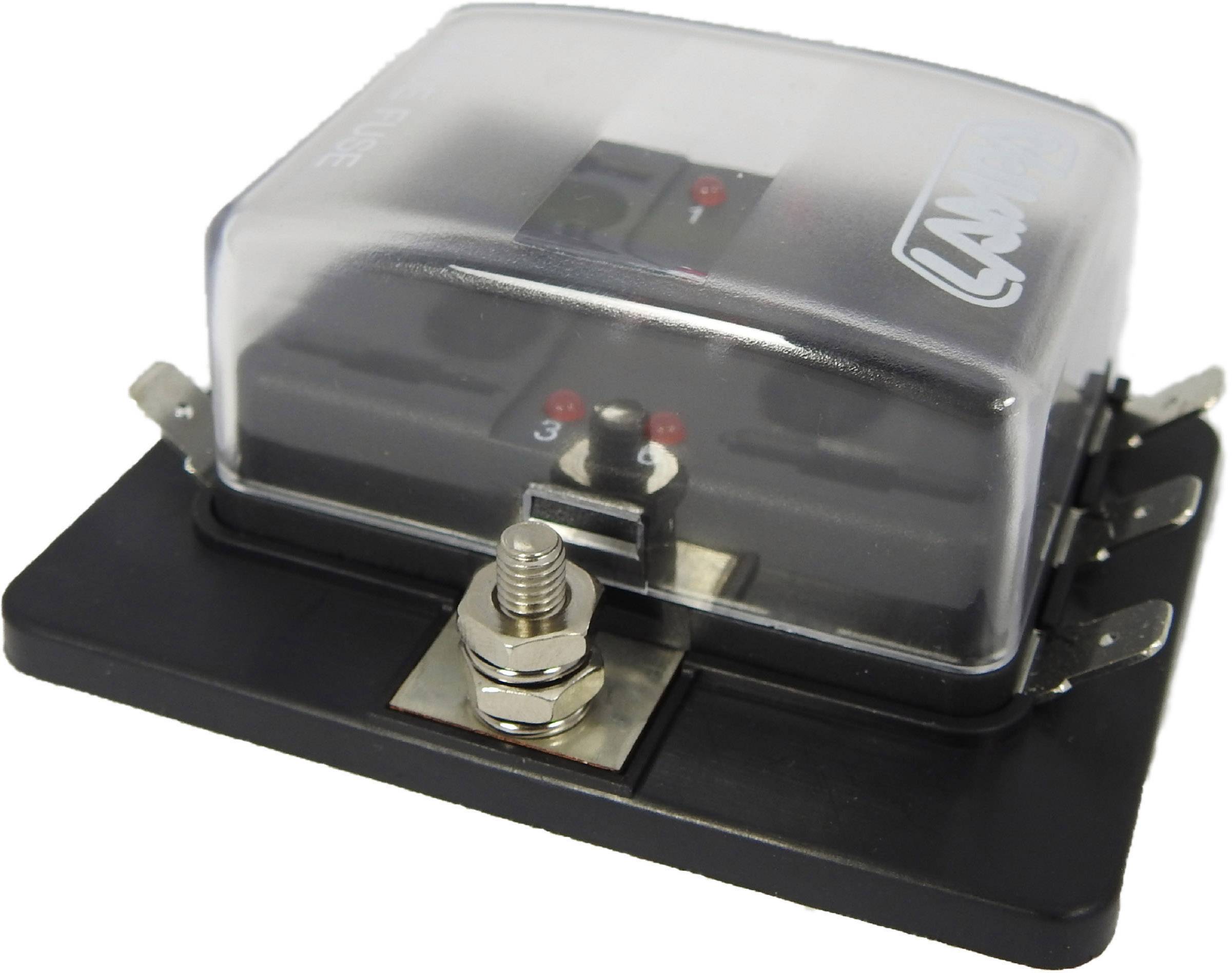 A plastic fuse holder with a transparent lid, alongside a metal element for mounting. Suitable for multiple fuses.