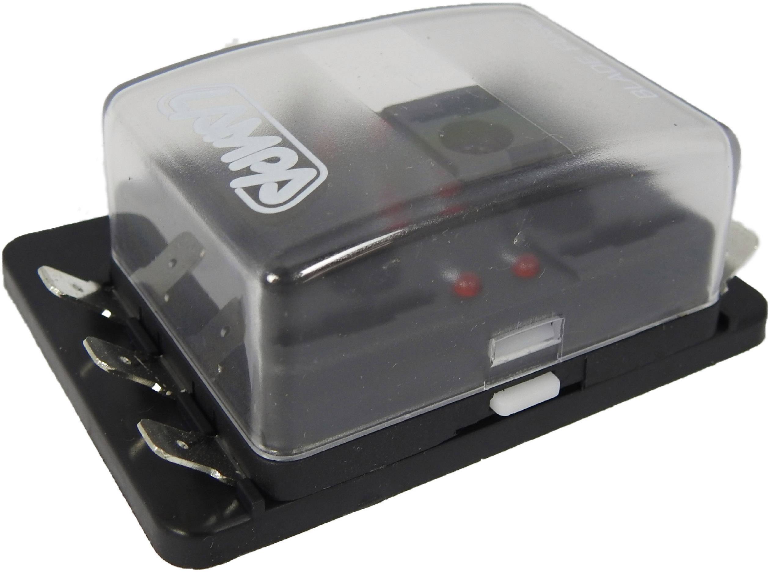 An electronic relay with a transparent plastic cover, mounted on a black base with terminals.