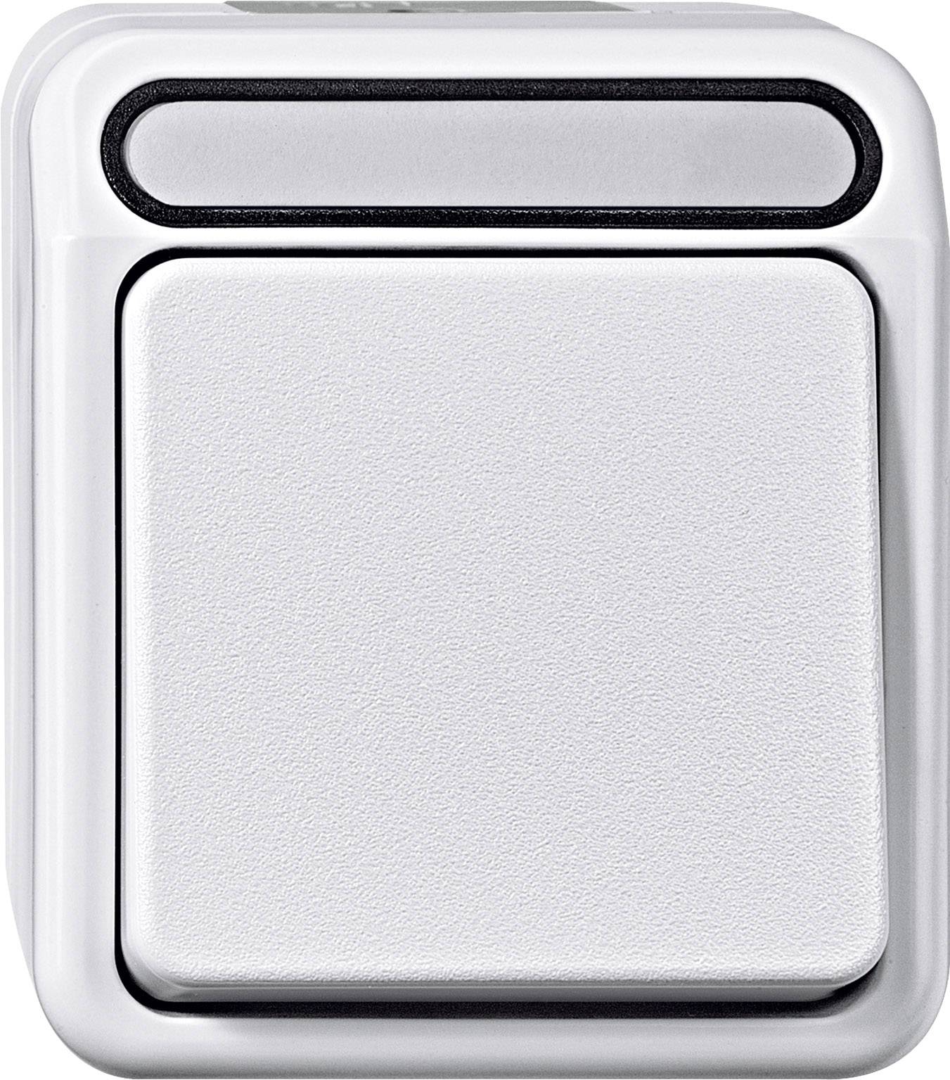 White square surface with a raised button in the centre, surrounded by a black frame.