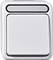 A rectangular, white wall switch with a large, square press area and a narrow, oval upper border.