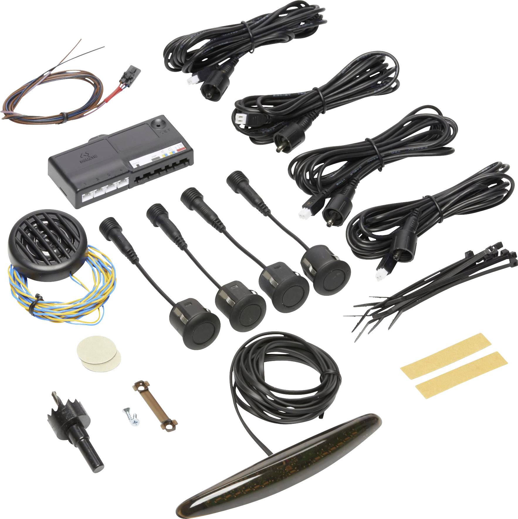Parking assistance kit with four sensors, control box, cables, and accessory parts on a white background.