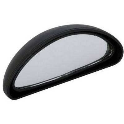 Black, semi-circular car wing mirror with a slightly angled surface, reflecting light and surroundings.