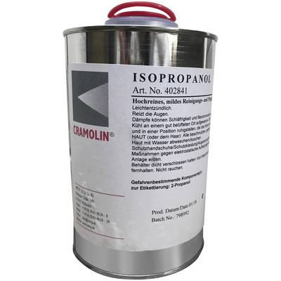 A metal bottle with label 'CRAMOLIN Isopropanol'. Handling instructions: irritates eyes, rinse with water if in contact, protective equipment recommended.