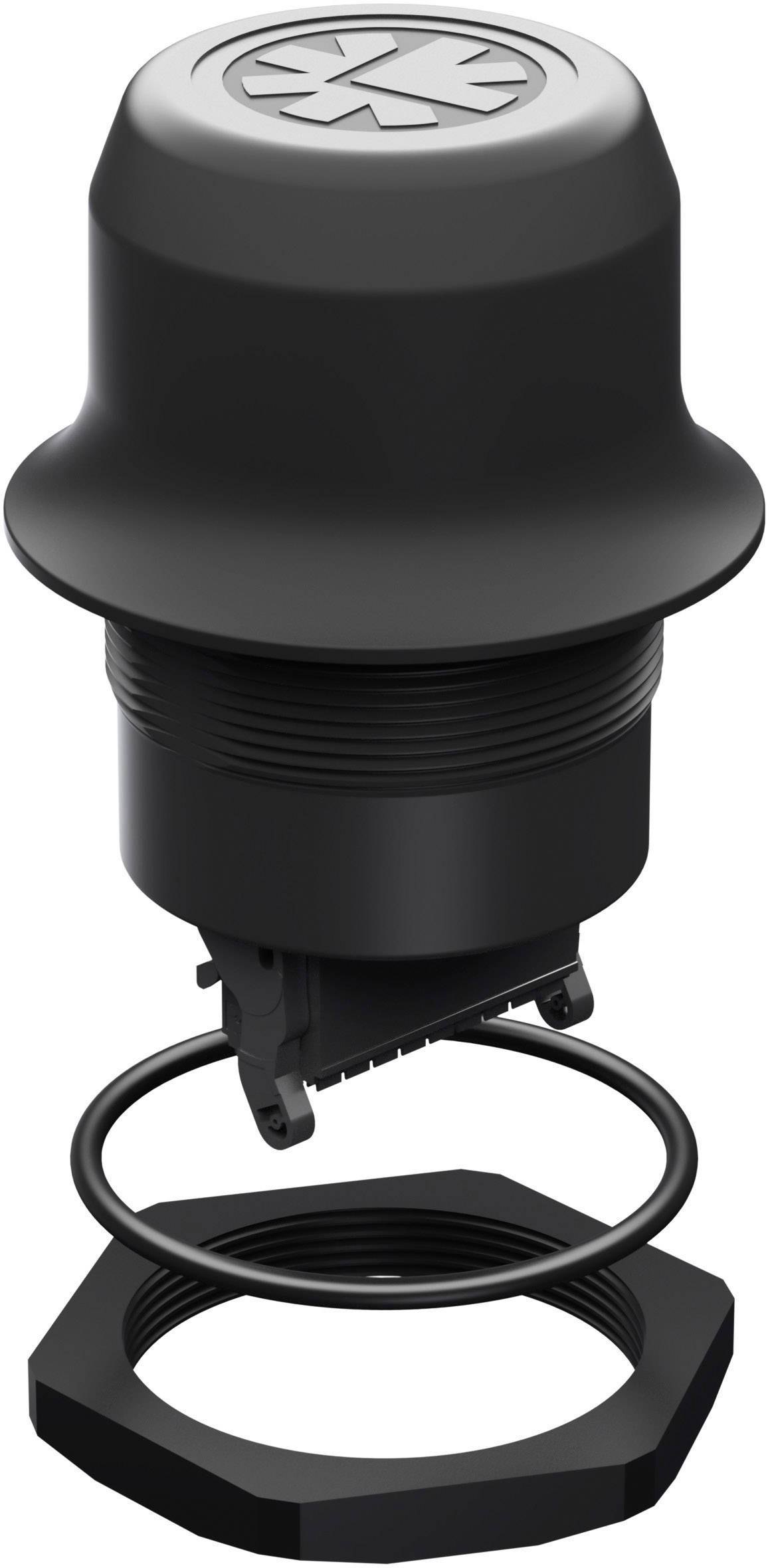 Black button with a round head and symbol; underneath a nut and a seal.