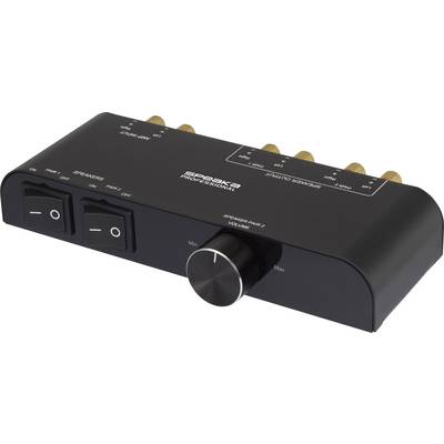 Black audio amplifier with volume control and toggle switches for two speaker pairs, connection sockets on the top surface.