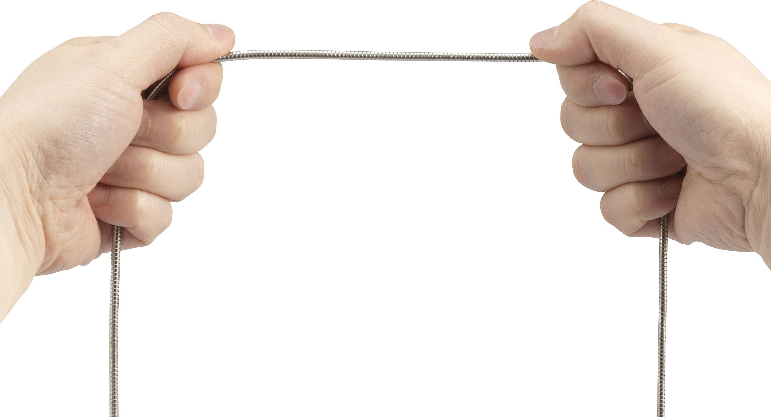 Two hands hold a taut piece of wire or string between them.