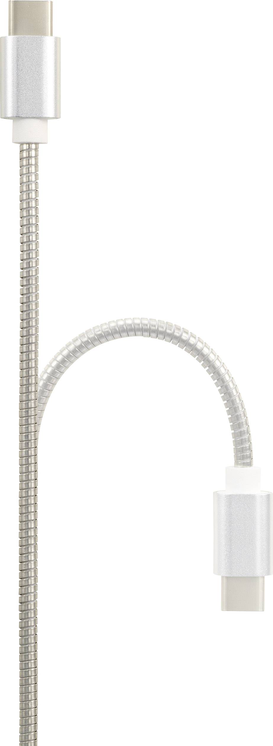 A flexible, metallically shiny cable in a curved form, fitted with white connectors at both ends.