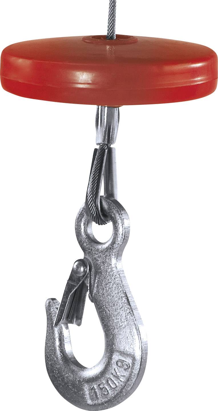 A metal hook hanging from a steel cable, with a red safety knife on the top. Suitable for lifting purposes.