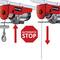 Two red hoists by Einhell with automatic stop function, illustrated by a stop sign and red downward arrows.