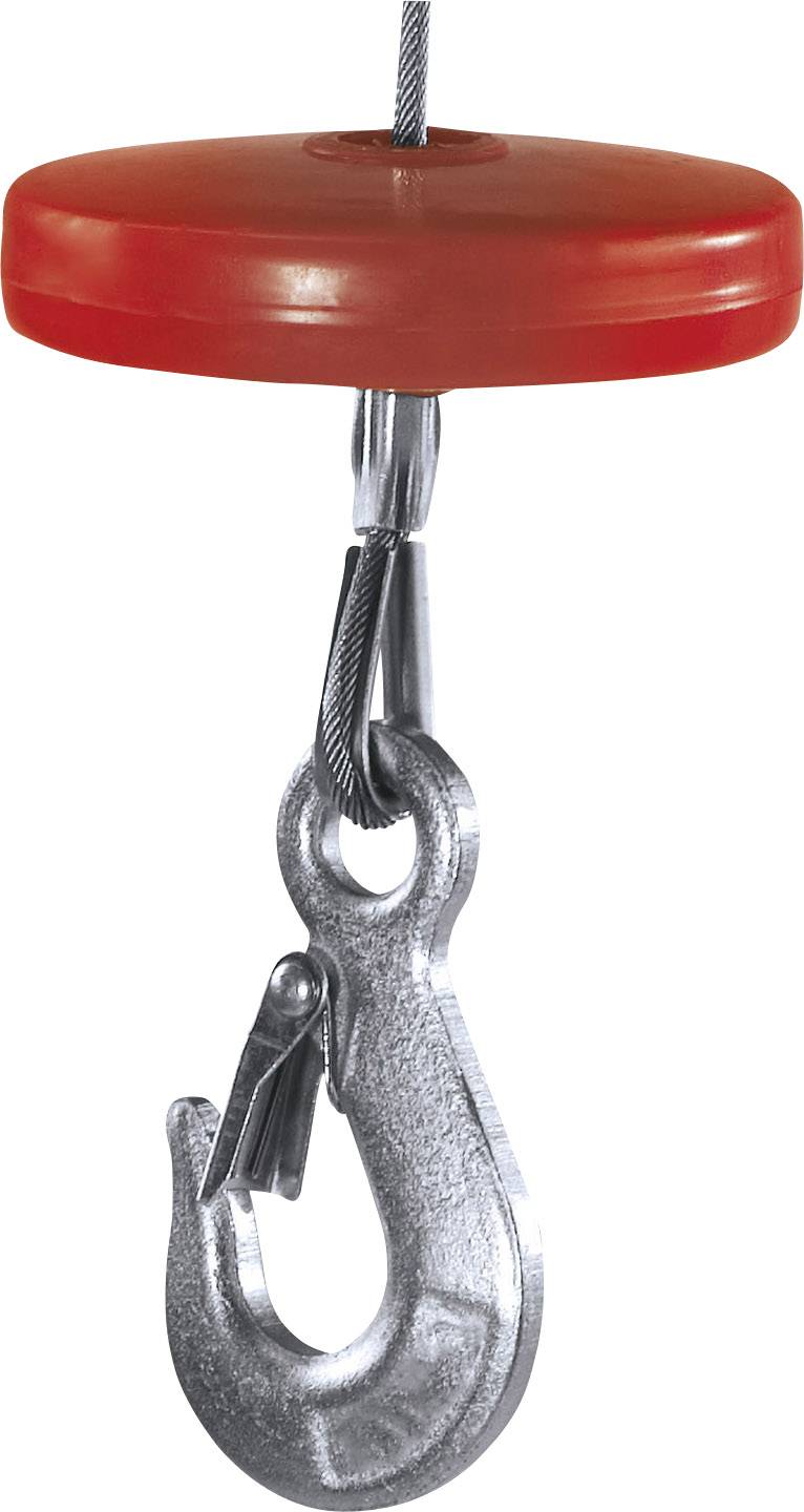 A metallic hook hangs from a rope beneath a red buffer. The hook is commonly used in lifting or securing systems.